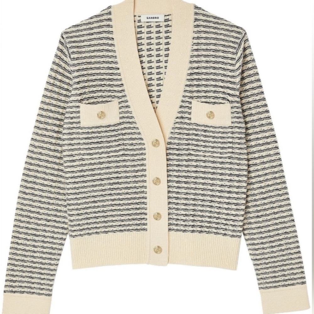 Sandro October Cream and Black Striped Cardigan